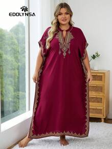 Plus Size Burgundy Embroidery Lounge Wear House Dress - Burgundy - View 2