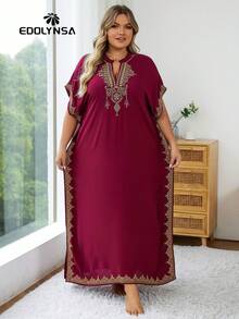 Plus Size Burgundy Embroidery Lounge Wear House Dress - Burgundy - View 5