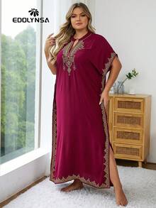 Plus Size Burgundy Embroidery Lounge Wear House Dress - Burgundy - View 9