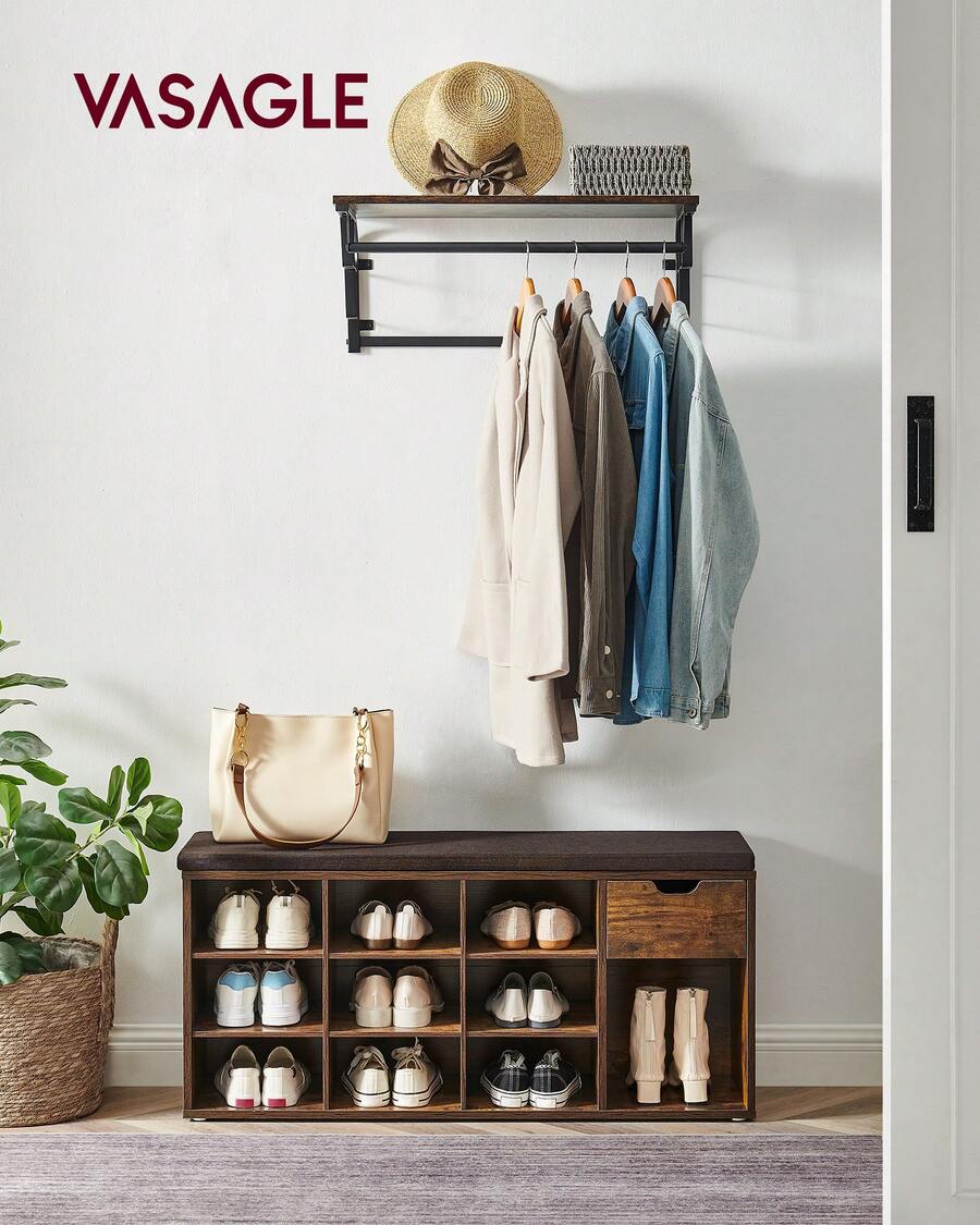 VASAGLE Storage Bench, Shoe Rack, Entryway Bench With Cushion, Drawer And Open Compartments, Bench With Storage, For Living Room, Bedroom, Closet - Brown - View 1