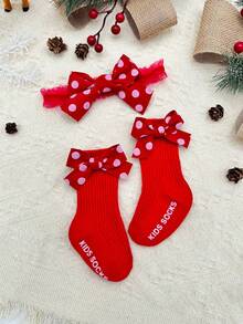 1對寶寶女孩蝴蝶結防滑襪子,1pc 寶寶女孩頭帶附2pcs可愛髮夾,適用於聖誕節 - 紅色 - 查看 2