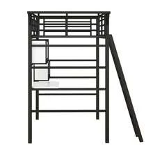 MERAX Twin Size Metal Loft Bed With 2 Shelves, A Desk And A Hanging Clothes Rack, Black And White - màu đen - Xem 9