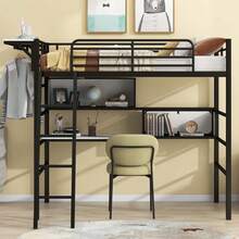 MERAX Twin Size Metal Loft Bed With 2 Shelves, A Desk And A Hanging Clothes Rack, Black And White - màu đen - Xem 2