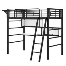 MERAX Twin Size Metal Loft Bed With 2 Shelves, A Desk And A Hanging Clothes Rack, Black And White - màu đen - Xem 8