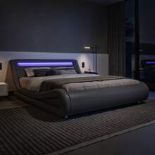 Allewie Full/Queen/King Size LED Platform Bed Frame With Adjustable Headboard, No Box Spring Need, Easy Assembly, Faux Leather In Black/Grey/White And Black * Bed Frame Queen Queen Bed Frame Bed Frame Full Full Size Bed Frame King Size Bed Frame Twin Bed Frame Room Decor Home Decor Christmas Decor Bedroom Decor Valentine Day Decor Storage Living Room Decor Furniture House Decor - 灰色 - 查看 3