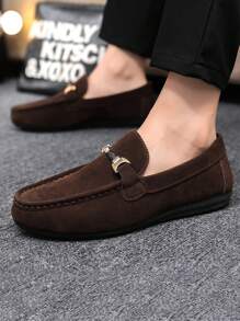 Men's Lightweight Metal Buckle Solid Color Loafers, Casual Everyday Canvas Moccasins - Brown - View 2