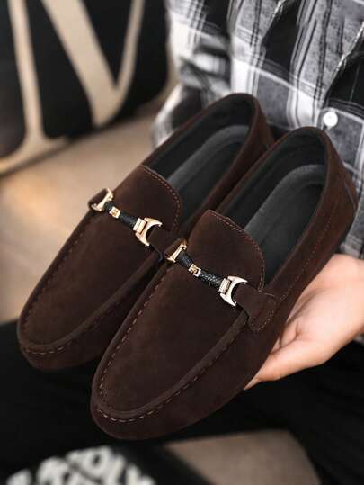 Men's Lightweight Metal Buckle Solid Color Loafers, Casual Everyday Canvas Moccasins