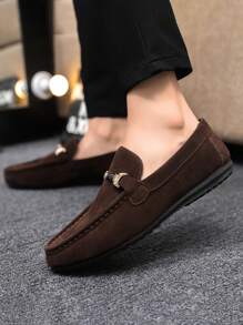 Men's Lightweight Metal Buckle Solid Color Loafers, Casual Everyday Canvas Moccasins - Brown - View 4