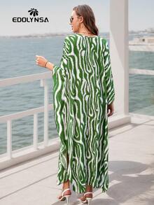 Green Striped Maxi Kaftan Beach Dress Vacation - Green - View 3