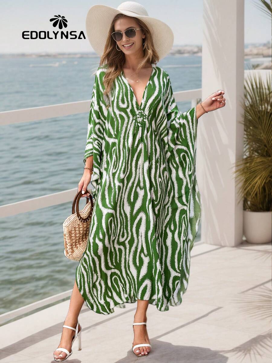 Green Striped Maxi Kaftan Beach Dress Vacation