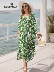 Green Striped Maxi Kaftan Beach Dress Vacation - Green - View 5
