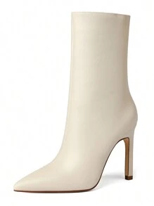 Reitoye Womens Pointed Toe Wide Calf Ankle Booties Stiletto Heel Mid Calf Short Boots - Beige - View 2