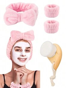 Bộ sản phẩm làm sạch da mặt 4 món: Băng đô nhung, Vòng đeo tay chống nước, Băng đô tẩy trang nơ dễ thương, Mũ tắm và Cọ rửa mặt chất lượng cao - Bộ vệ sinh du lịch tiện dụng - Hồng - Xem 1