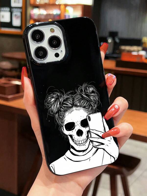 1件黑色果凍手機殼,自拍骷髏頭圖案,適用於iphone