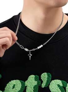 Collier de perles en forme d'étoile croix Kpop, unisexe, pendentif en perles fausses en forme d'étoile, collier de style hip hop Y2K avec gland géométrique