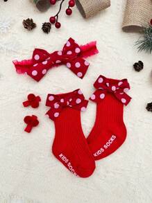 1對寶寶女孩蝴蝶結防滑襪子,1pc 寶寶女孩頭帶附2pcs可愛髮夾,適用於聖誕節 - 紅色 - 查看 1