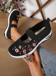 新款春夏休闲女士运动鞋，低帮，花朵刺绣，柔软防滑鞋底，透气网眼材料，夏季多用途 - 黑色 - 查看 1