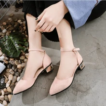 女士低跟尖头乐福鞋镂空系带凉鞋绒面革粗跟高跟舒适浅口鞋扣带鞋 - 粉色 - 查看 2