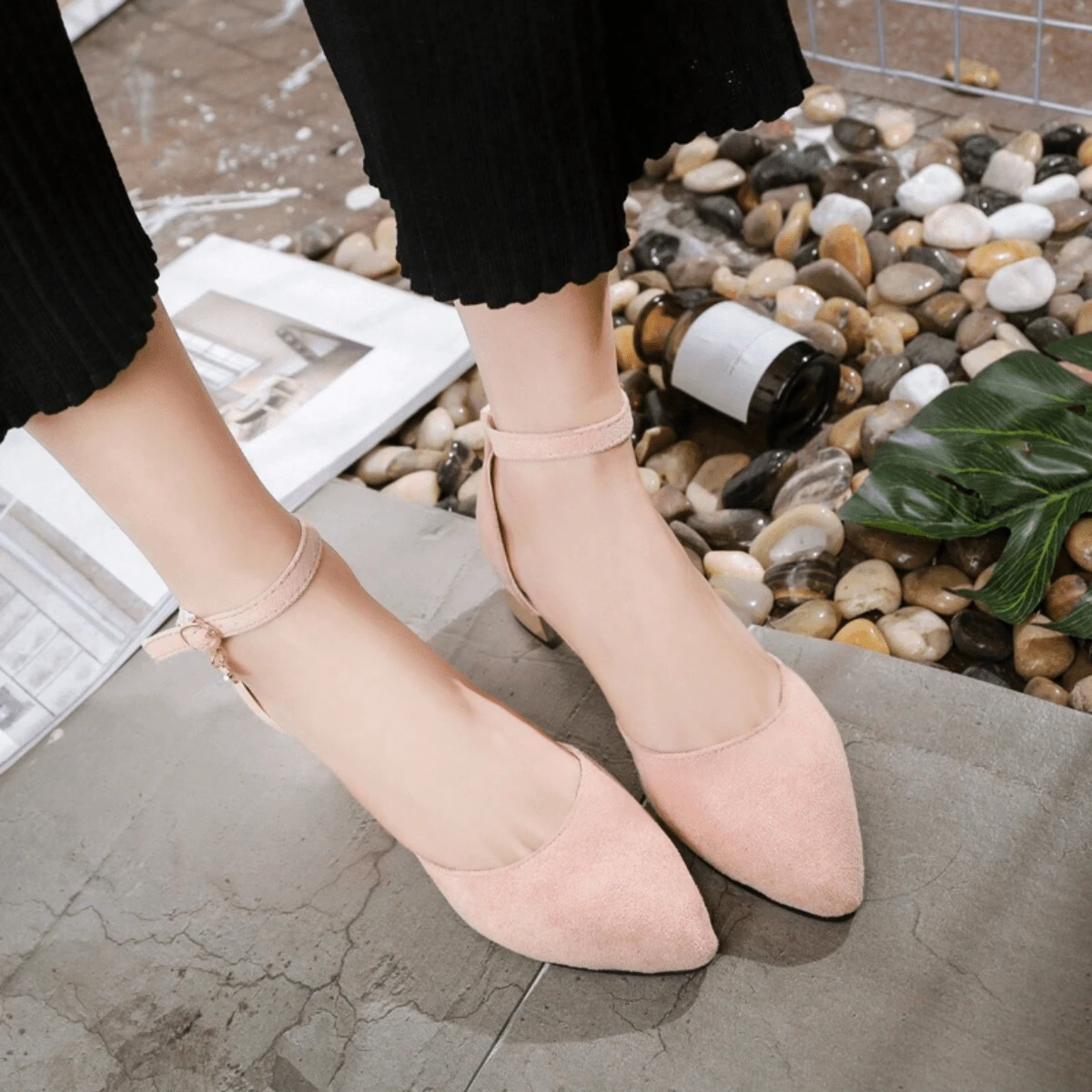 女士低跟尖头乐福鞋镂空系带凉鞋绒面革粗跟高跟舒适浅口鞋扣带鞋 - 粉色 - 查看 1