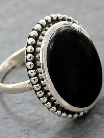 Boho Dark Black Ring Exaggerated Round Agate Stone Anniversary Birthday Gift For Female Luxurious Jewelry For Evening Party