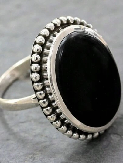 Boho Dark Black Ring Exaggerated Round Agate Stone Anniversary Birthday Gift For Female Luxurious Jewelry For Evening Party
