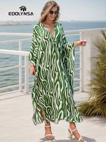 Green Striped Maxi Kaftan Beach Dress Vacation - Green - View 6