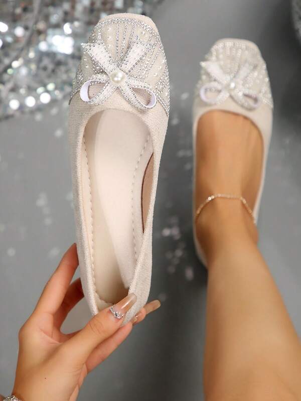 Women'S Spring And Autumn Fashionable Versatile Flat Shoes With Bowknot, Rhinestones, Fairy Style, High-End Comfortable Women'S Shoes