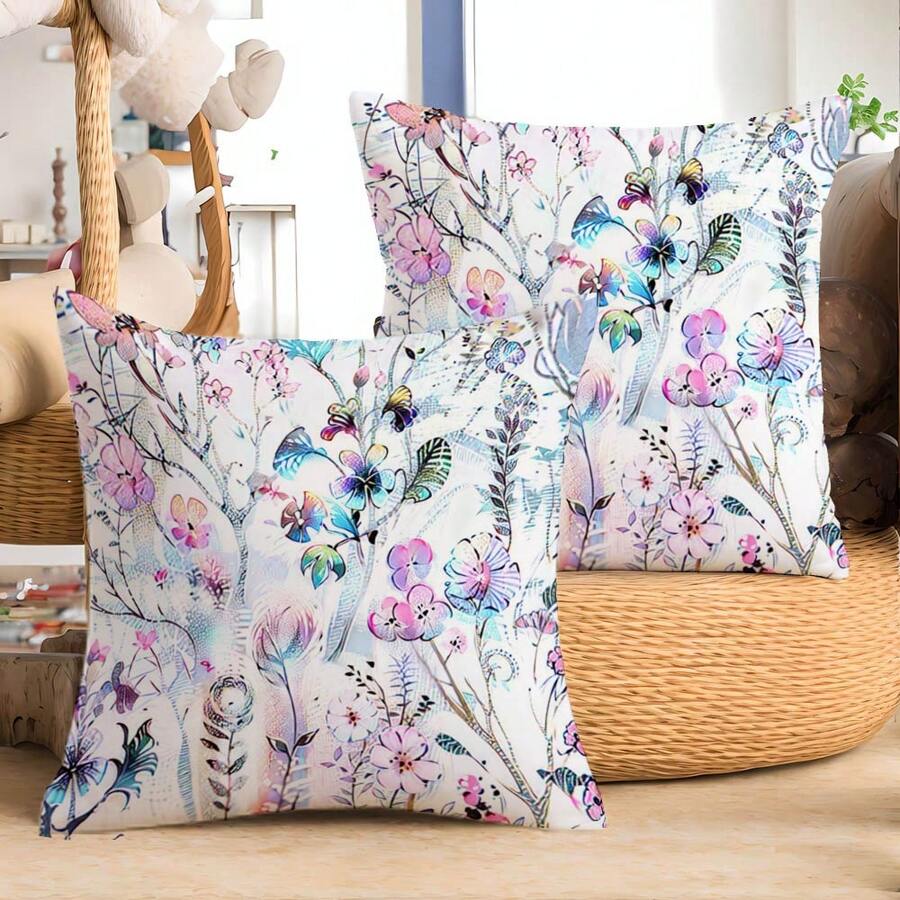 2pcs/Set Rural Style Linen Square Pillowcase With Leaf & Floral Design, Home Decor Cushion Cover (Without Pillow Core) - Pink - View 1