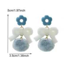 1pair Winter Fluffy Earrings Fresh And Simple Haze Blue Pom Pom Stud Earrings With Bowknot Gift For Women, Girls - Blue - View 3