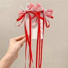 2入組少女漢服風織帶髮夾,有蝴蝶結的童裝髮飾,適用於盤起髮辮的女孩,嬰兒髮夾 - 紅色 - 查看 1