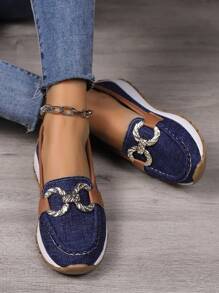 Spring & Autumn Fashionable Large Size Slip-on Flat Shoes For Women With Chain & Metallic Decoration, Casual Comfortable Pumps With Thick Soles - Blue - View 2