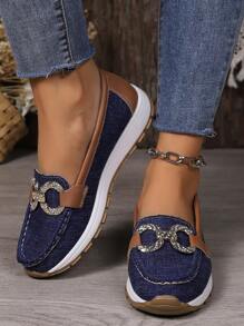Spring & Autumn Fashionable Large Size Slip-on Flat Shoes For Women With Chain & Metallic Decoration, Casual Comfortable Pumps With Thick Soles - Blue - View 4