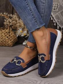 Spring & Autumn Fashionable Large Size Slip-on Flat Shoes For Women With Chain & Metallic Decoration, Casual Comfortable Pumps With Thick Soles - Blue - View 5