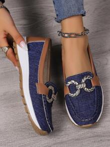 Spring & Autumn Fashionable Large Size Slip-on Flat Shoes For Women With Chain & Metallic Decoration, Casual Comfortable Pumps With Thick Soles - Blue - View 1