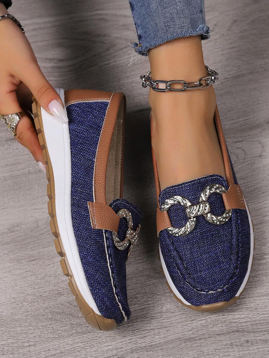 Spring & Autumn Fashionable Large Size Slip-on Flat Shoes For Women With Chain & Metallic Decoration, Casual Comfortable Pumps With Thick Soles - Blue - View 1