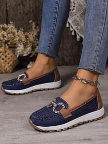 Spring & Autumn Fashionable Large Size Slip-on Flat Shoes For Women With Chain & Metallic Decoration, Casual Comfortable Pumps With Thick Soles - Blue - View 3