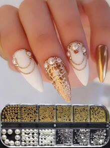 1 Box 12 Grids Natural Round Pearls, Transparent Rhinestones, Golden Metal Bead Mixed Size Faux Pearl Nail Art Decoration DIY Charms Jewelry For Manicure Accessories - Multicolor - View 1