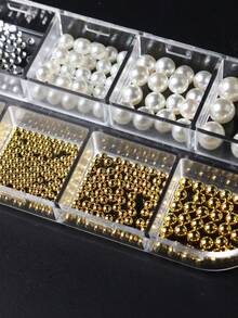 1 Box 12 Grids Natural Round Pearls, Transparent Rhinestones, Golden Metal Bead Mixed Size Faux Pearl Nail Art Decoration DIY Charms Jewelry For Manicure Accessories - Multicolor - View 4