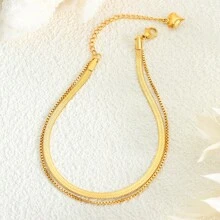 1pc Elegant Simple Double Layer Flat Snake Bone & Box Chain Stainless Steel Anklet For Women, Suitable For Daily Wear And Beach