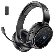 EasySMX V10W 无线耳机 2.4GHz/BT PC 游戏耳机兼容 PS4//NS/Steam 平台/智能手机，带可拆卸麦克风，黑色 - 黑色 - 查看 4