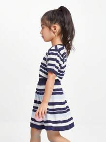 Annil 女童夏季时尚经典条纹短袖圆领 T 恤和裙子套装两件套蓝色 - 藍色 - 查看 3