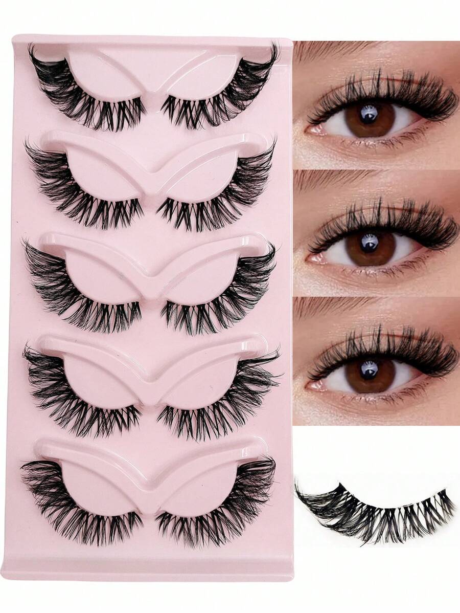 Asiteo 5 Pairs Cluster False Eyelashes, Cat Eye Effect, 20mm Length, Faux Mink Fur Lashes, Fox Eye Lashes, Makeup Eyelash Extensions, Strip Lashes