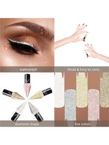 5pcs/Set Shiny Rhinestone Eyeliners Waterproof Eyeshadow Rose Gold Silver Color Glitter Sequin Eyeliner Eye Shadow Makeup Y2K Beauty Cosmetics - Khaki - View 8