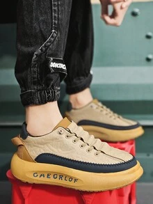 男士运动鞋，休闲时尚拼色潮流运动鞋，舒适厚底皮革表面鞋 - 卡其色 - 查看 4