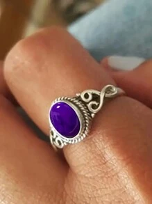 復古戒指鑲嵌多種顏色的綠松石可供選擇,可以與日常服裝搭配,是送給你的愛人的完美周年/生日禮物 - 黑色 - 查看 5