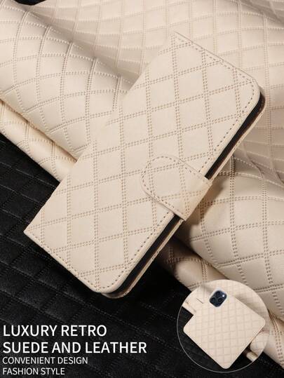 Universal Plaid Pattern Card Slot Protective PU Leather Flip Phone Case Compatible With Iphone/Samsung//Oppo/