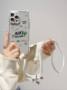 1入透明軟TPU手機殼，帶有標籤和標語設計，四個角掛繩 + 1入白色尼龍掛繩，可伸縮，適用於iPhone