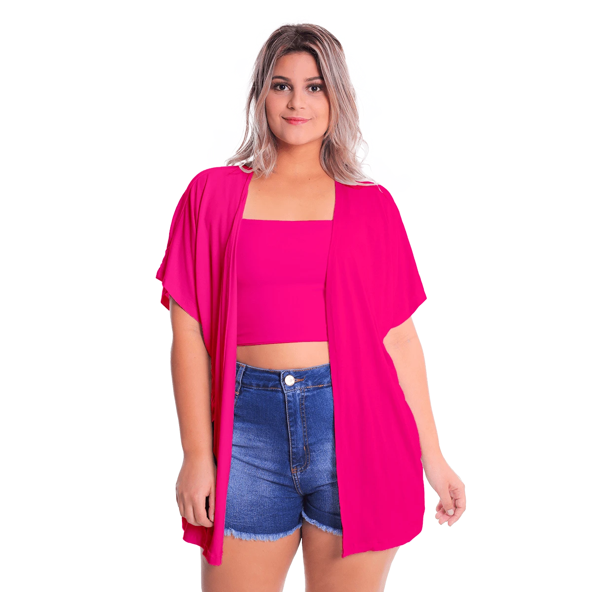 Plus Size Cardigans - Màu Hồng Tươi - Xem 1