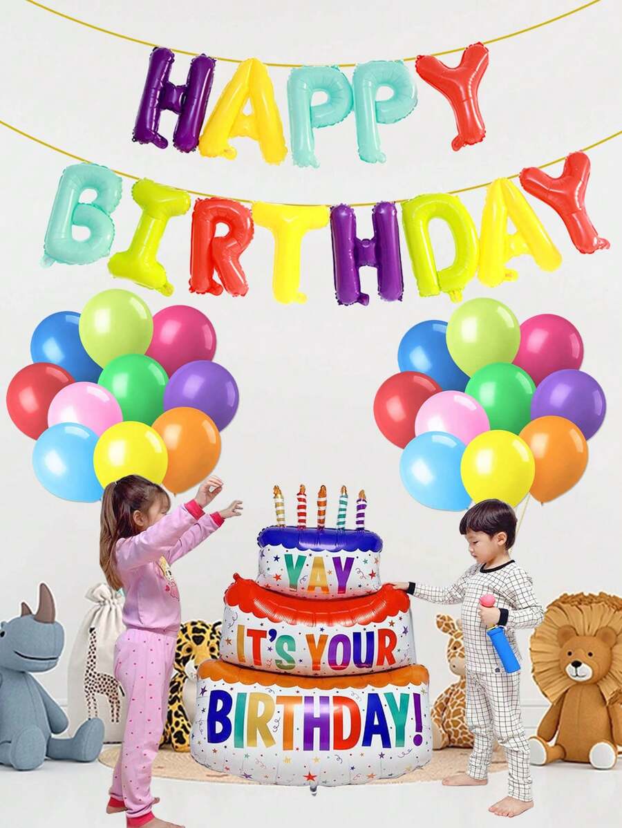 Set De 34 Piezas De Globos Con Letras'feliz Cumpleaños', Globo Con Forma De Pastel De Dibujos Animados De 16 Pulgadas, Globo De Letras Colorido Para Decoración De Fiesta De Cumpleaños - Multicolor - Ver 1