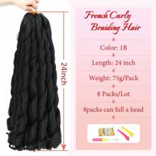 24英寸8束卷鬆波紋式法式辮髮,自然黑色牛奶捲曲鬆散、蓬鬆的辮髮,預拉直的法式卷曲髮,合成髮,可用於女神辮髮